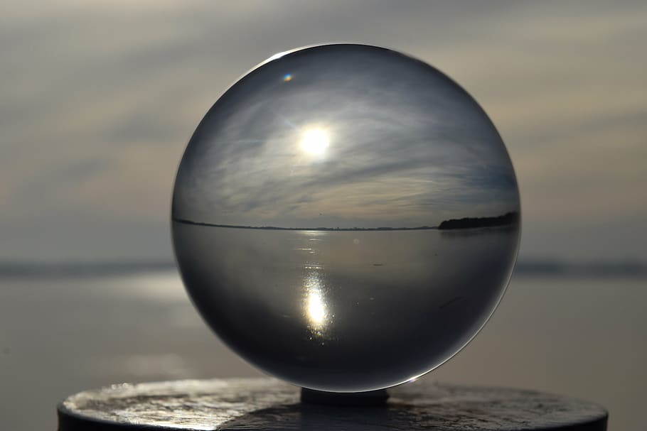 glass ball photography, sea, white, clouds, bad zwischenahn, zwischenahner meer, lake, ice, winter, ball