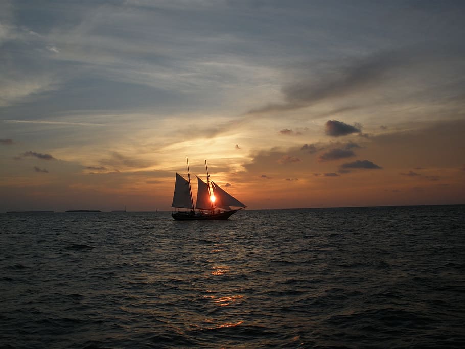 black, sailboats, sea, Key West Florida, Sunset, Schooner, nautical Vessel, sailing, sailboat, sail
