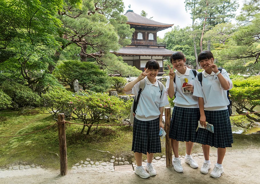 three, school girls, standing, front, trees, pagoda, person, people, school children, uniforms