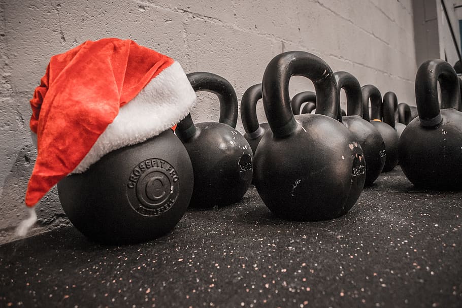 red, white, black, kettle bell, Santa Hat, black kettle, christmas, gym, crossfit, training