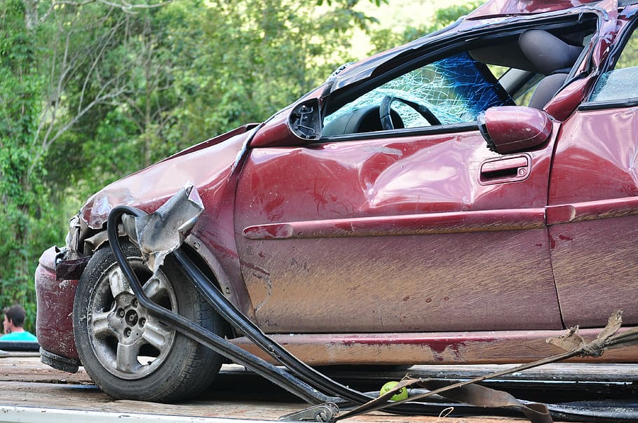wreck, red, car, green, tree, daytime, crash, car crash, accident, vehicle