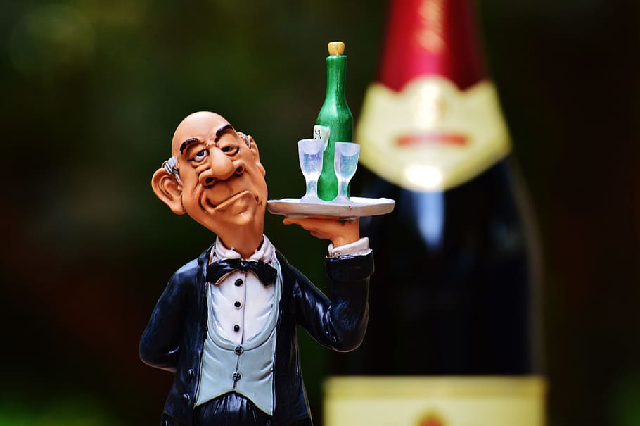 waiter, wearing, white, black, tuxedo, carrying, tray, wine bottle, drinking glass figurine, selective