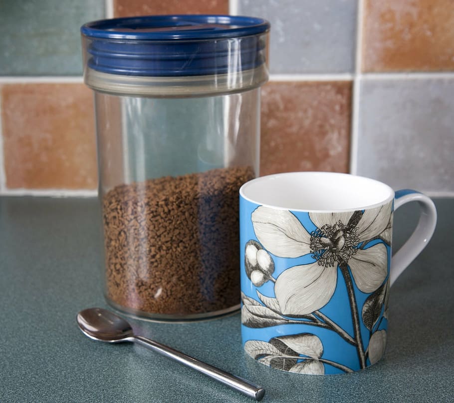coffee, mug, cup, pretty, blue, jar, storage jar, teaspoon, spoon, granules