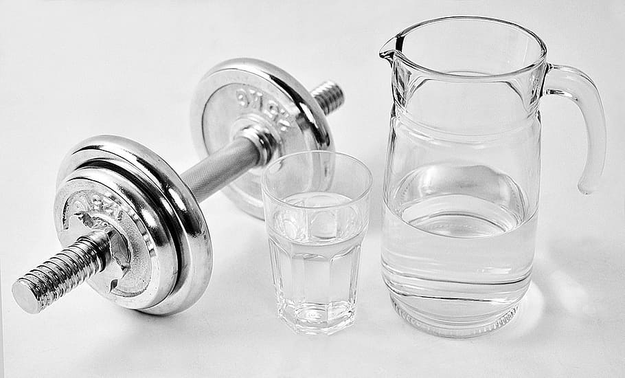 close-up photo, clear, pitcher, drinking glass, dumbbell, fitness, water, exercise, strengthening, muscles