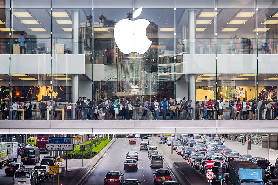 view, people, inside, building, glass mirror, apple, store, hong kong, shopping, commerce