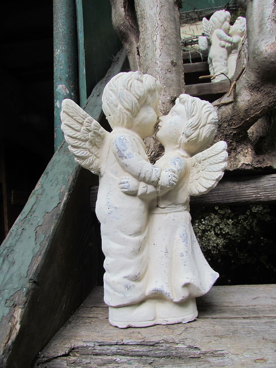 besos, estatua del ángel, marrón, madera, superficie, ángel, figura, fe, religión, navidad