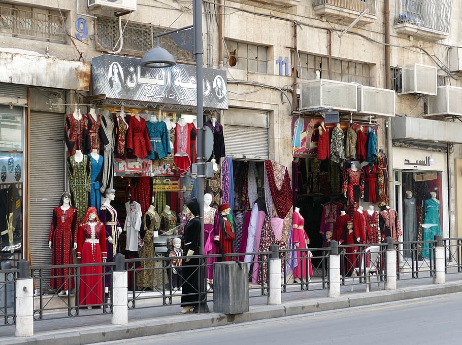 moda, negocios, escaparates, ropa, comprar, ir de compras, árabe, amman, jordania, exterior del edificio
