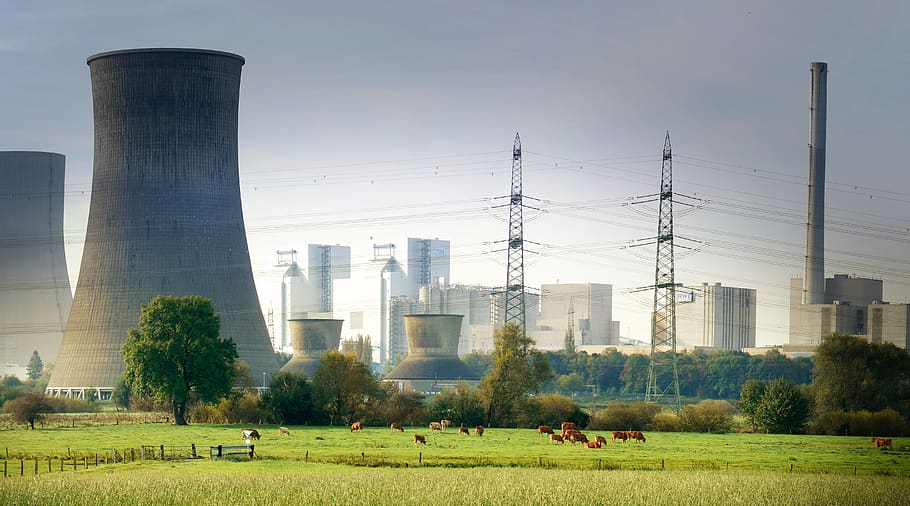 pollution, industry, mill, smoke, energy, technology, nuclear reactor, ecology, panorama, cows