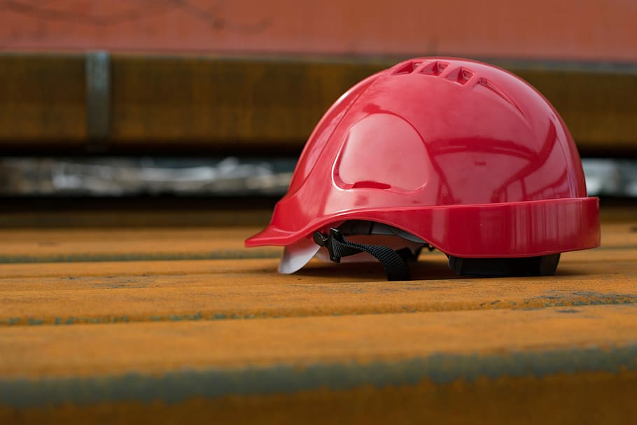 red, plastic, hard, hat, brown, surface, helmet, work protection, construction, metal