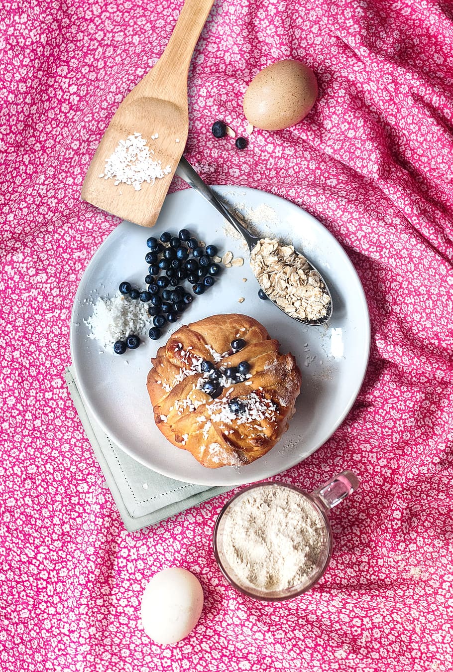 flatlay photography, foods, baking, berry, blueberry, pink, plate, oatmeal, flour, recipe