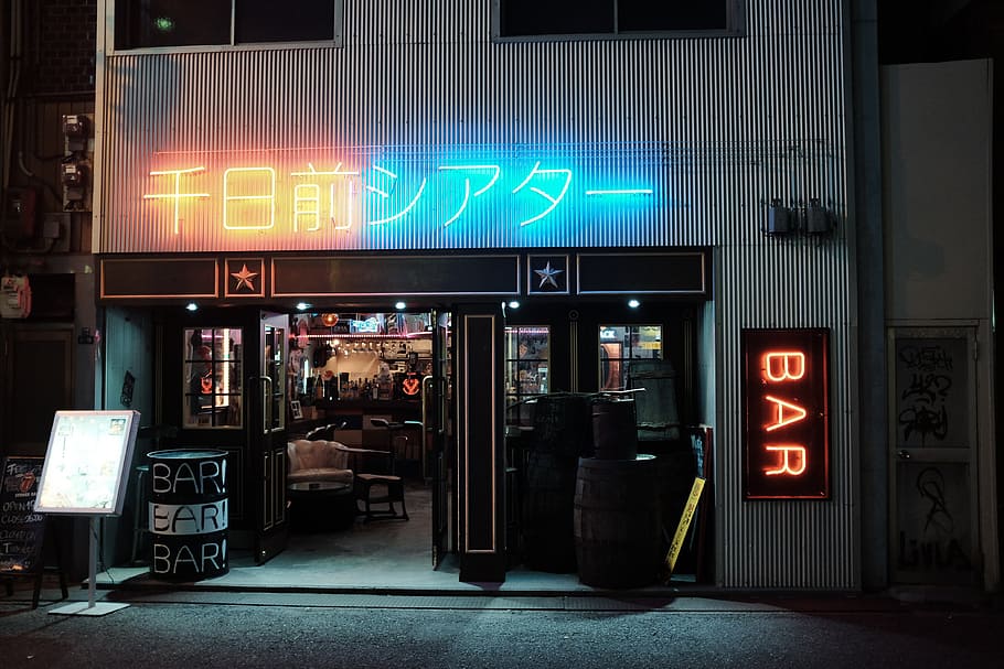 bar, sinalização com luz de neon, tailandês, ásia, chinês, letras, fonte, noite, vida noturna, bebida