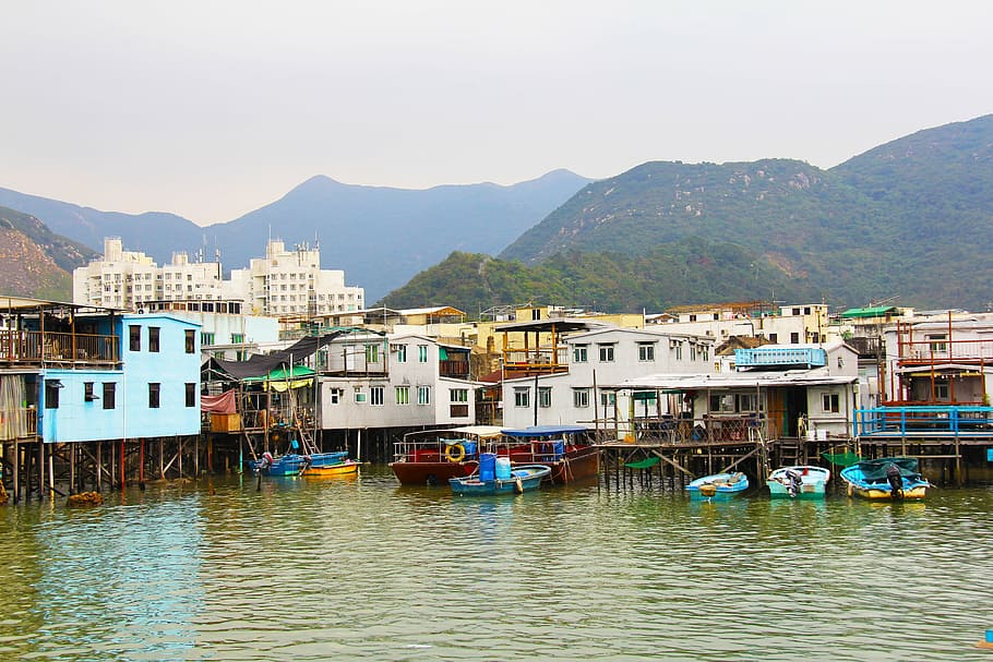 indah, penuh warna, tenang, pemandangan, sungai, perahu, desa nelayan, tai o, hong kong, tepi laut