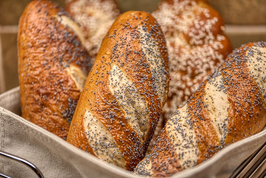 pretzels, bread, roll, baked, fresh, carbohydrates, sesame, poppy, food, food and drink