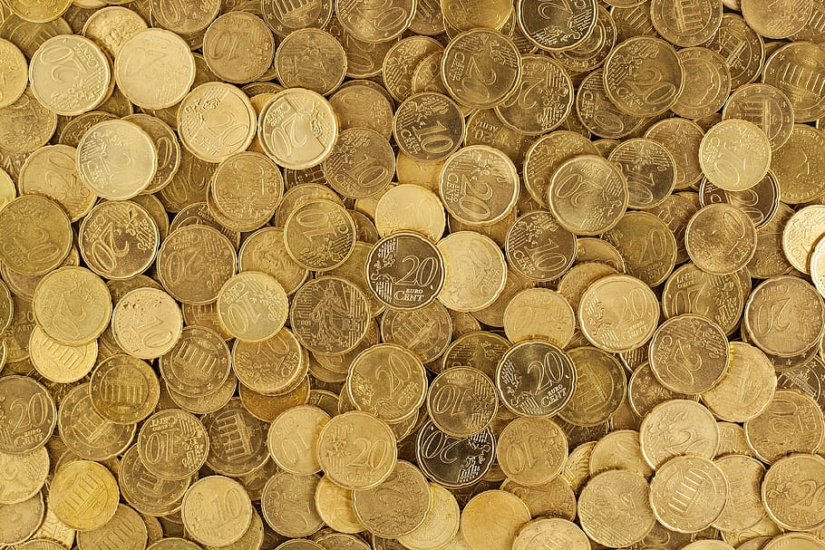round gold-colored coin lot, euro, coins, currency, money, yellow, market, europe, growth, finance