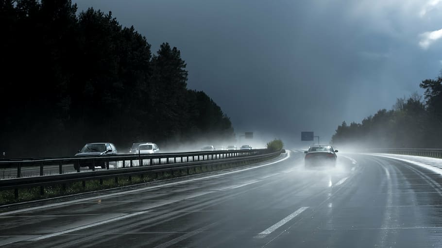 vehicles, highway, water sprinkling, place, april weather, the sun and the rain, clouds, rain, sun, sky