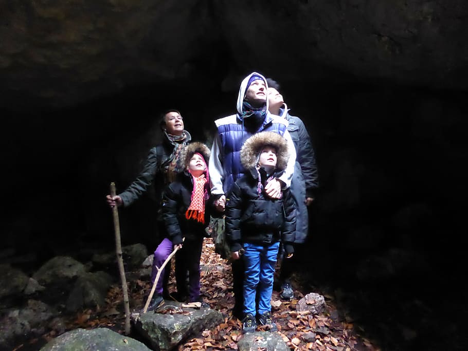 five, people, looking, inside, cave, group, human, personal, family, walking tour