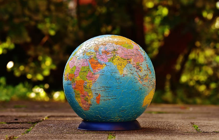 selective, focus photography, multicolored, desk globe, puzzle ball, globe, puzzle, play, tricky, patience games