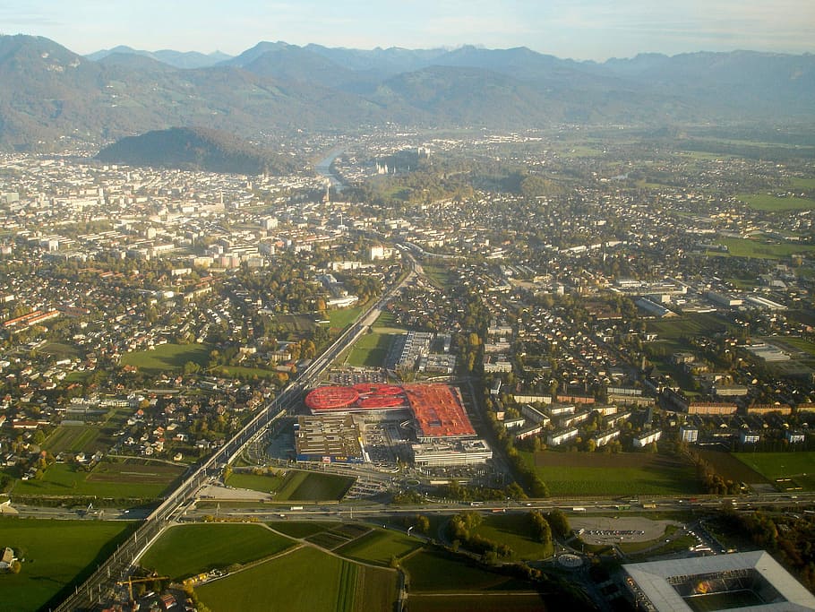 salzburg, seen, takeoff, Salzburg Airport, Austria, airplane view, bird's eye view, city, photos, houses