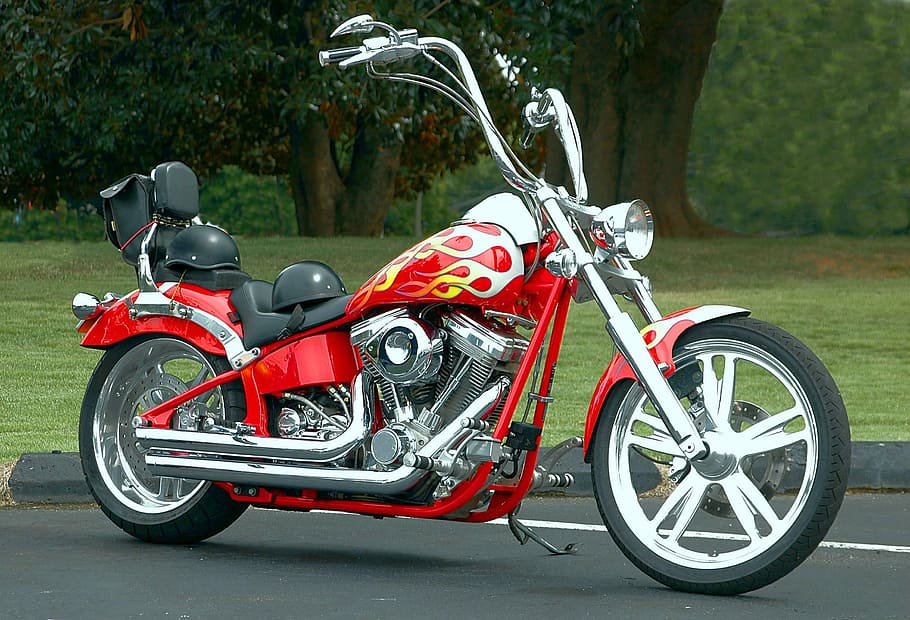 red, black, chopper motorcycle, road, motorcycle, chopper, shiny, clean, tires, chrome