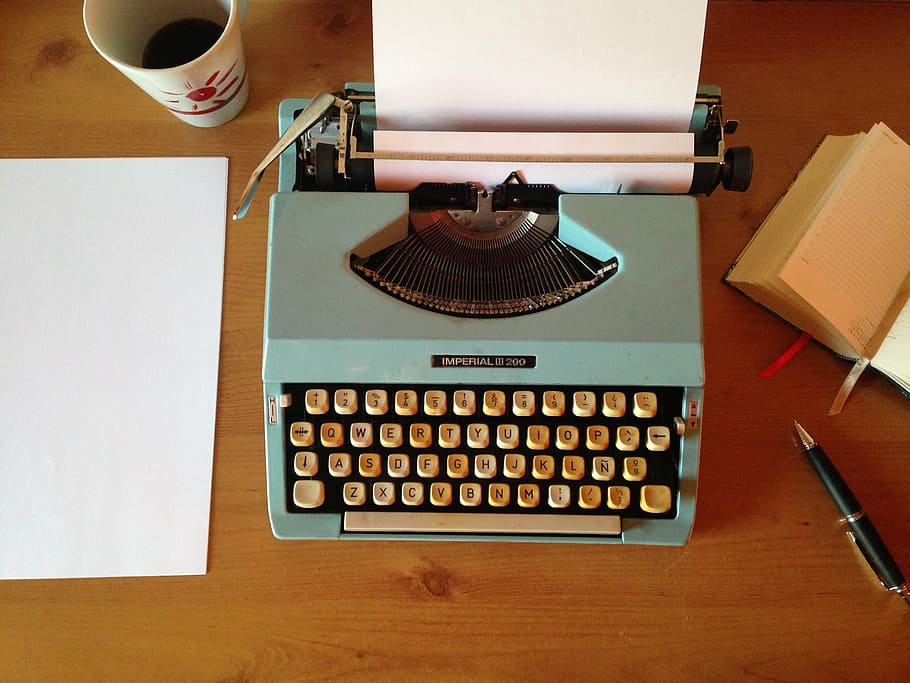 blue, beige, typewriter, top, brown, wooden, table, machine writing, ballpoint pen, writing