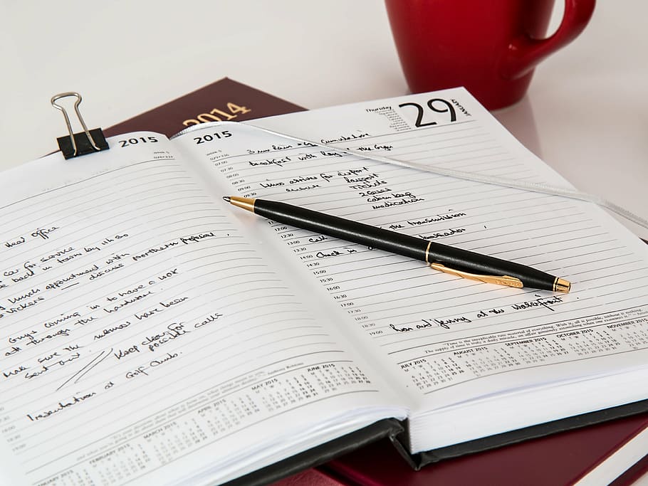 hitam, pena, putih, perencana, buku harian, jurnal, notebook, januari, meja, kantor