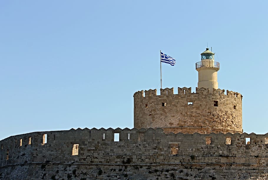 black, white, concrete, castle, agios nikolaos castle, mandraki, port, rhodes, greece, island