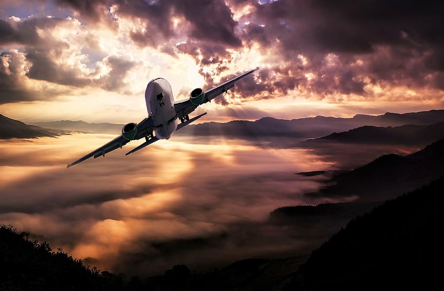 airliner, mid, air, mountains, landscape, aircraft, clouds, storm, sunset, lighting