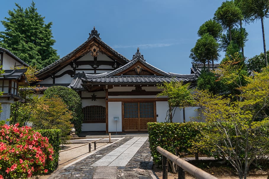 japan, arashiyama, kyoto, garden, sky, trees, japanese, green, travel, temple