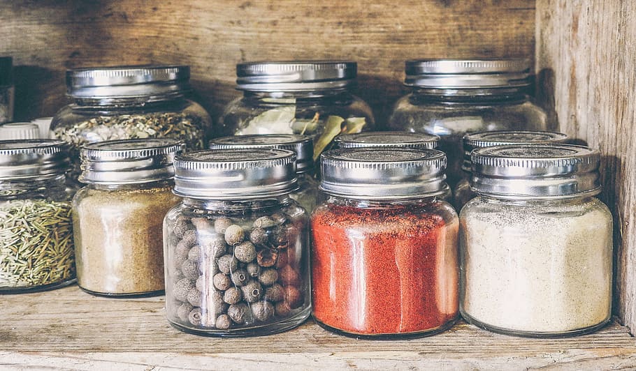 clear glass jars, spices, shelf, jar, kitchen, cooking, wooden, pepper, glass, interior