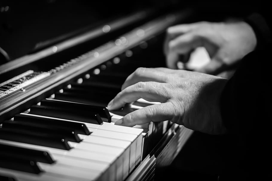 gray-scale photo, person, playing, piano, hands, pianist, piano keyboard, music, keys, keyboard instrument