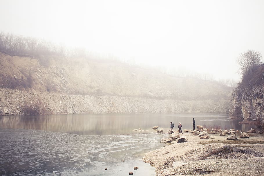 Fog, Quarry, nature, water, outdoors, winter, tree, landscape, people, river