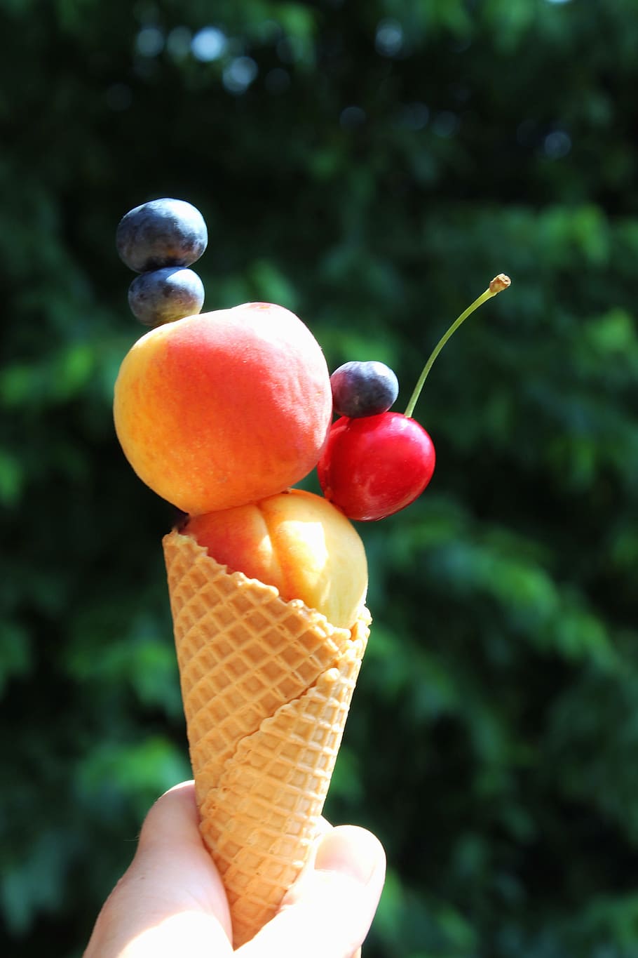 ice cream cone, waffle cone, ice, fruit, healthy, nutrition, apricot, cherry, blueberry, fruit salad