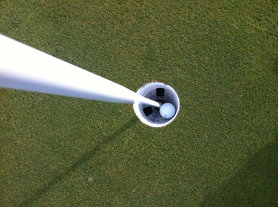 white, golf ball, hole, golf, ball in hole, hole in one, ball, green, grass, sport
