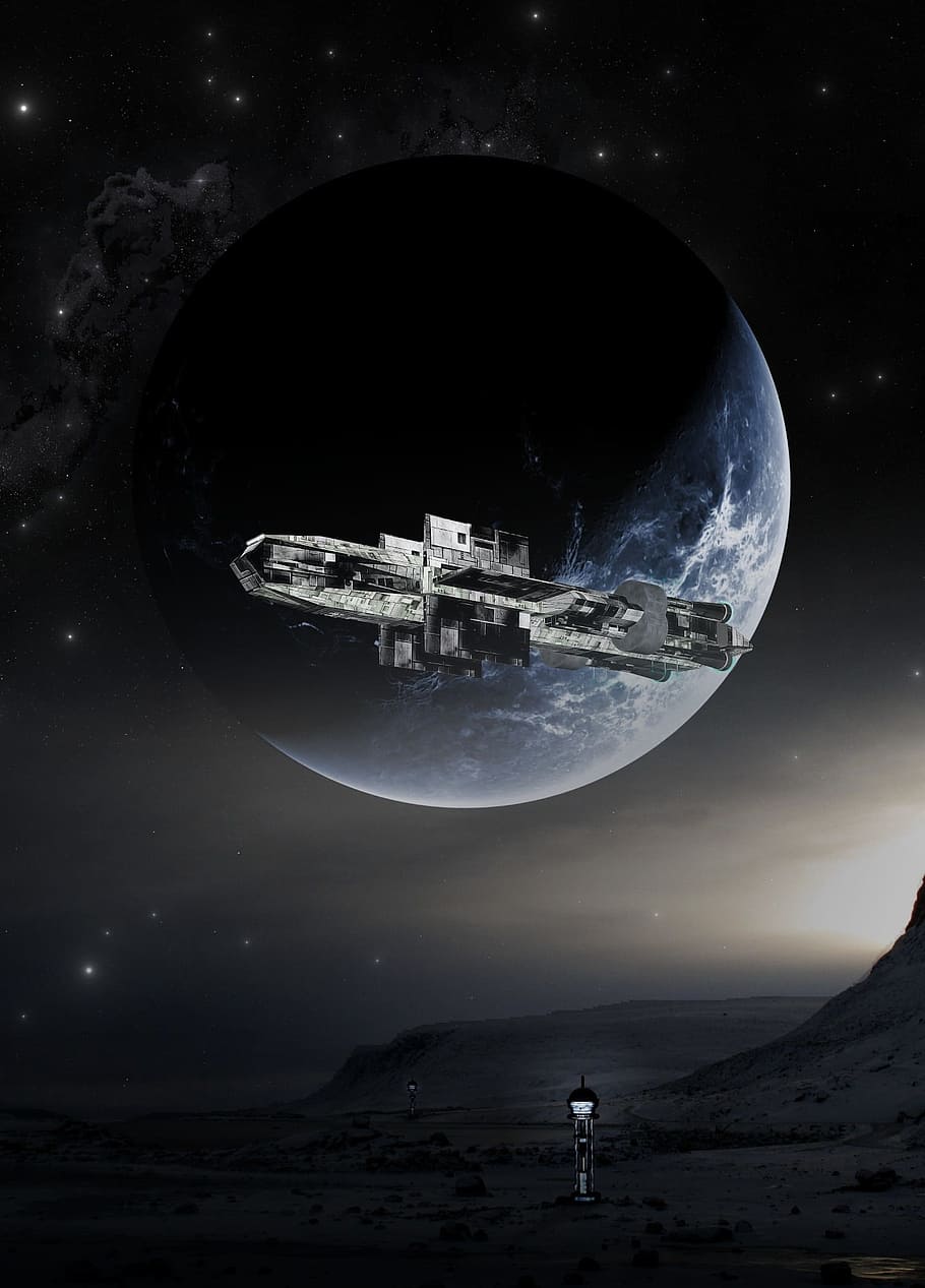 estación espacial gris, ciencia ficción, portada, hacia adelante, futurista, nave espacial, fotomontaje, aventura, espacio, flotador