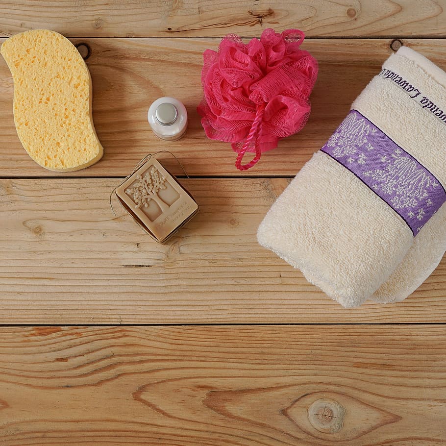 Hygiene, Spa, Soap, Natural, Towel, sponge, washing, beauty, wooden background, lay flat