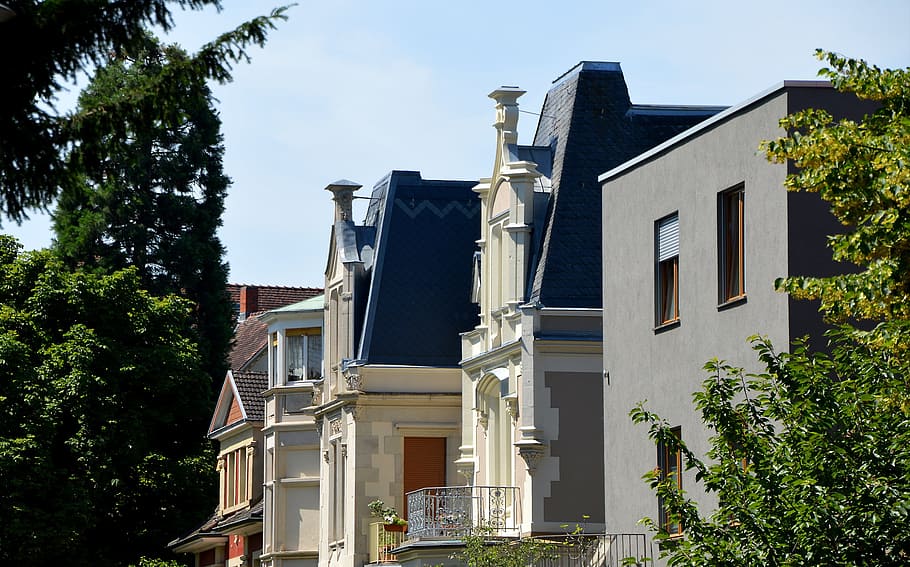blanco, concreto, edificio, árboles, Villa, Heidelberg, Weststadt, hogar, arquitectura, balcones