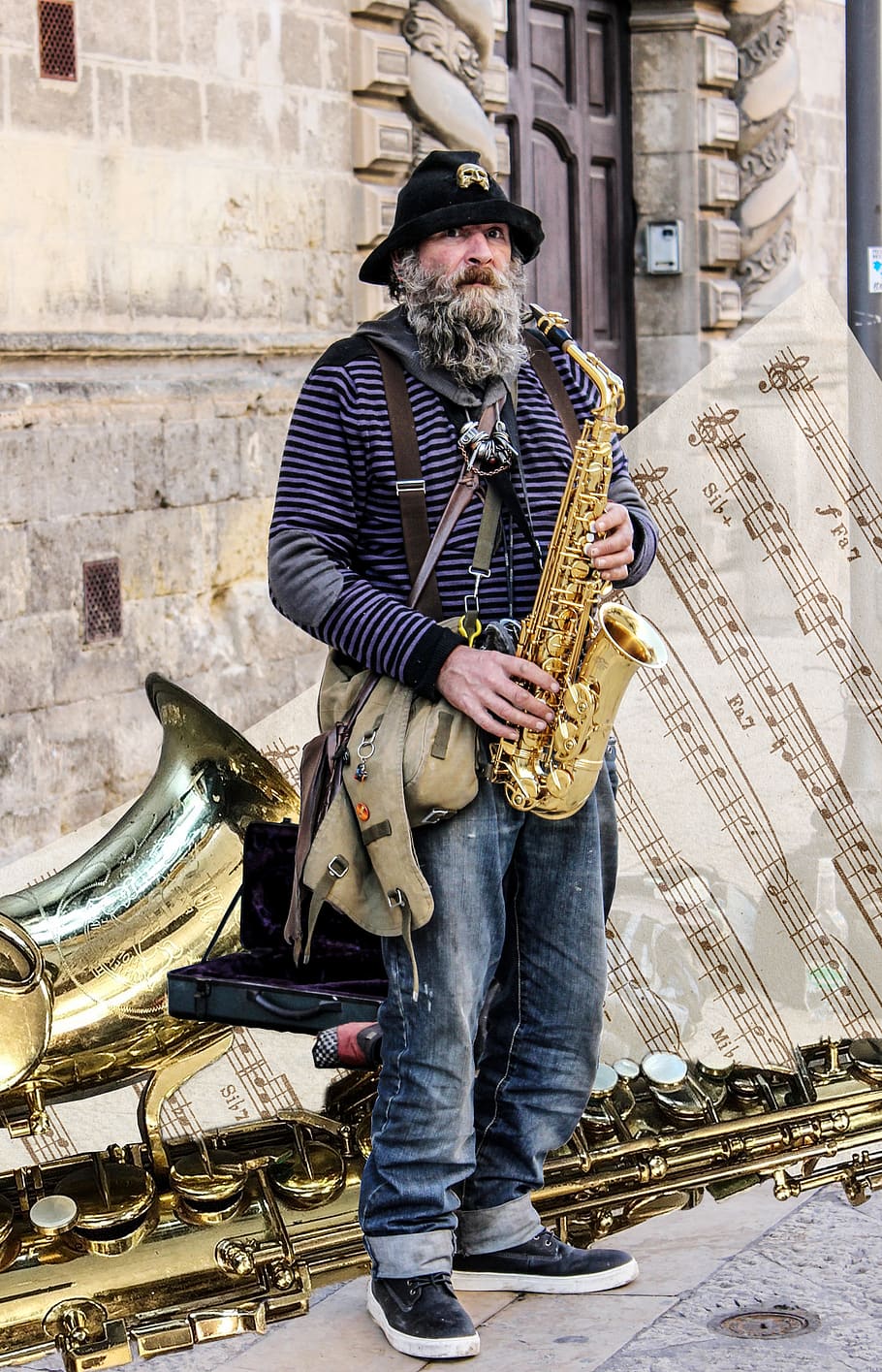 musician, tool, saxophone, music, musical instrument, artist, one person, beard, facial hair, holding