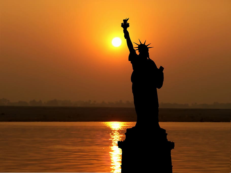 sunset, america, new york, statue liberty, sky, twilight, architecture, city, water, evening