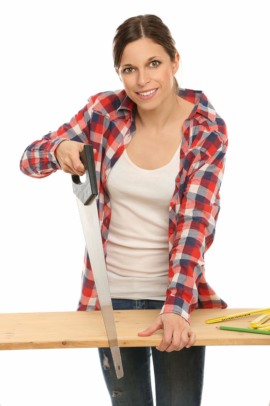 woman, red, gray, long-sleeved, shirt, holding, black, hand, saw, blond