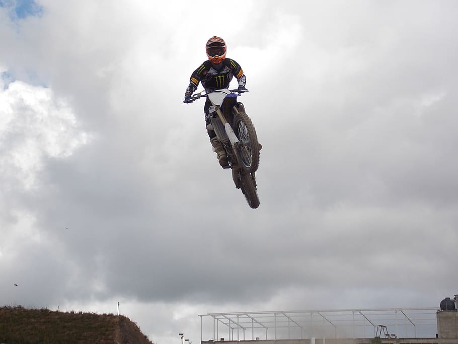 motocross, moto, jump, landscape, outdoors, nature, sport, motorcycle, trail, speed