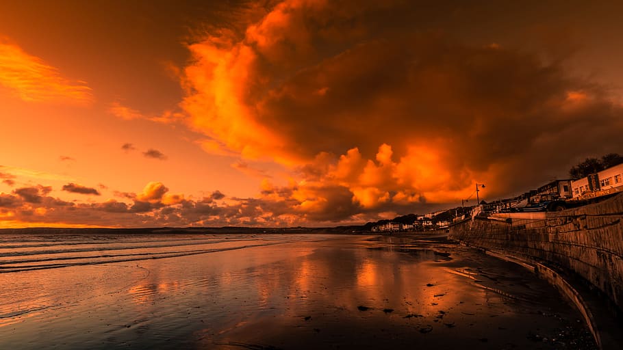 seashore sunset, filey, yorkshire, england, judgment day, seascape, golden hour, spectacular, clouds, autumn