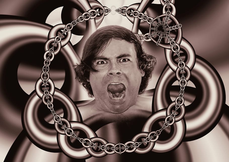 man portrait, chains, caught, psyche, man, patient, cry, suffering, psychiatry, thinking disorder