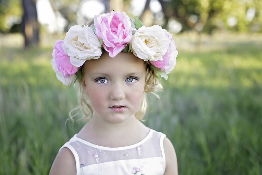 closeup, girl, wearing, white, dress, floral, headband, flower, cute, summer