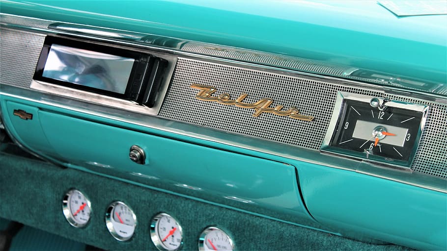 belair, dashboard, turquoise car, emblem, car clock, chevy, chevy belair, chevy car, 1957, antique car