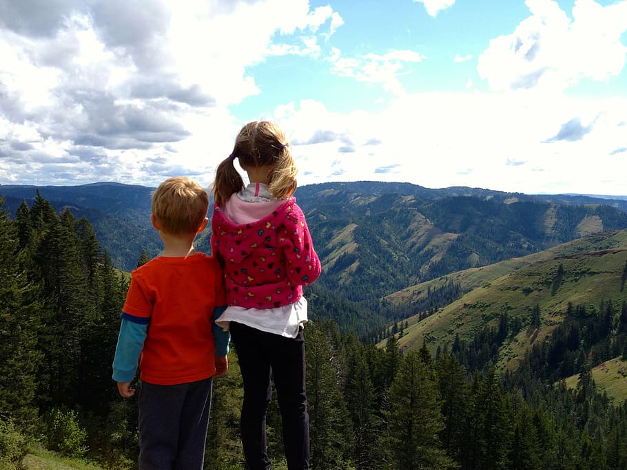 children, hiking, nature, landscape, mountain scape, view, lookout, cloud - sky, sky, mountain