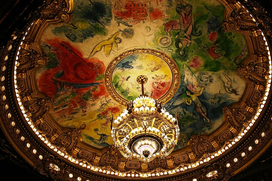 araña de oro, la ópera de París, ópera garnier, chagall, araña, techo pintado, en el interior, patrón, arquitectura, sin gente