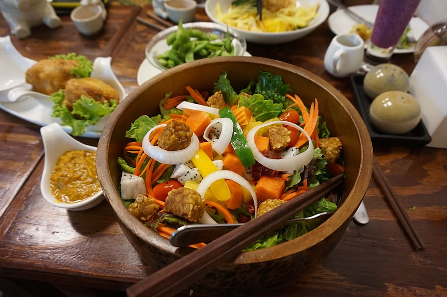 salad dish, brown, wooden, bowl, chopstick, tempeh, salad, vegan, food, fresh