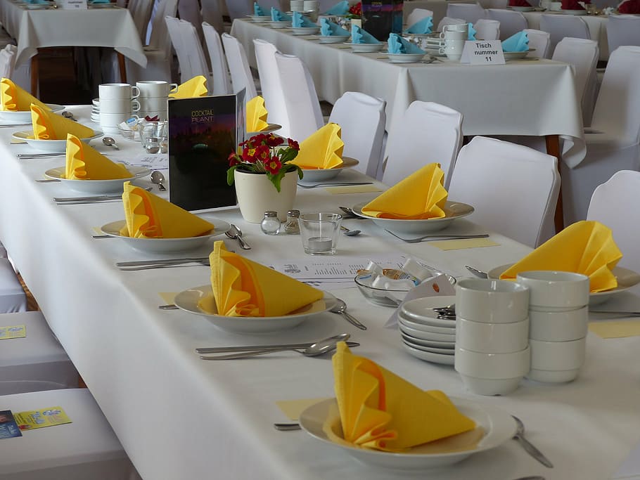 dining tables, napkins, gedeckter table, table, plate, restaurant, silverware, dinner, napkin, decoration