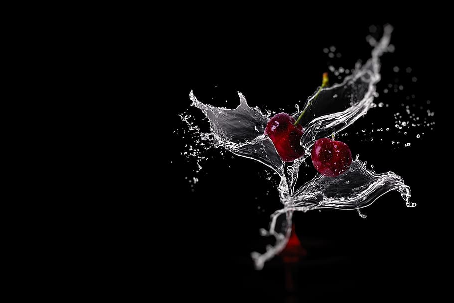 timelapse photography, cherries, water, fruit juice, cherry juice, water flowers, water splashes, deco, decoration, spray