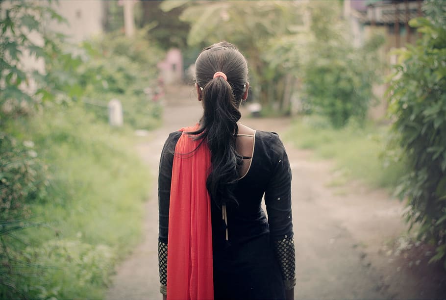 woman, black, red, long-sleeved, dress, walk, behind, sad, female, life